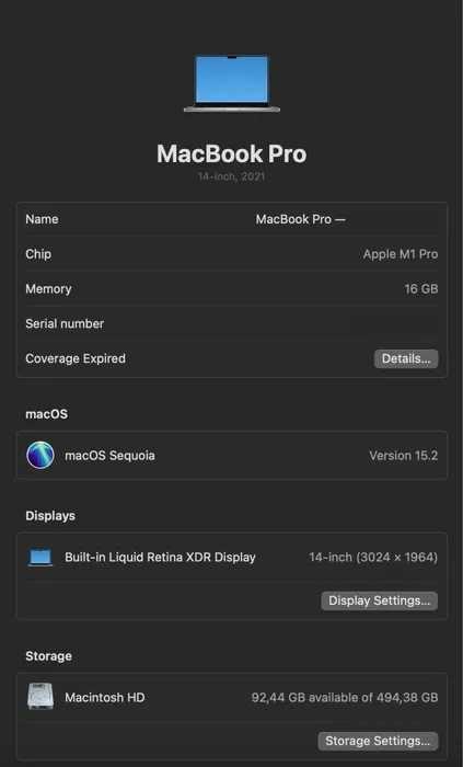 Apply Mac M1 PRO 14" 2021 16GB RAM 512GB